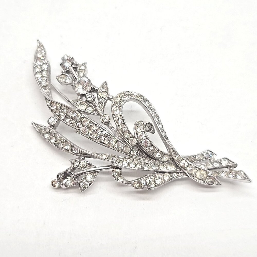 Early Trifari rhodium crystal floral spray brooch Alfred Philippe era 1930s 40s